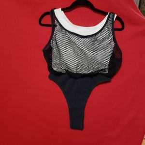 90's Frederick's-Punk Sleeveless Leotard with Mesh Overlay-snap close-Lg-gpl